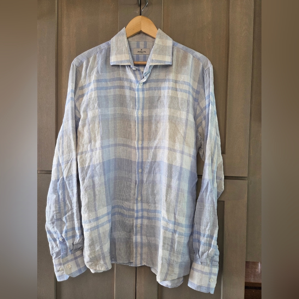Aqua Toscano Linen Blue Plaid Button-Up Shirt